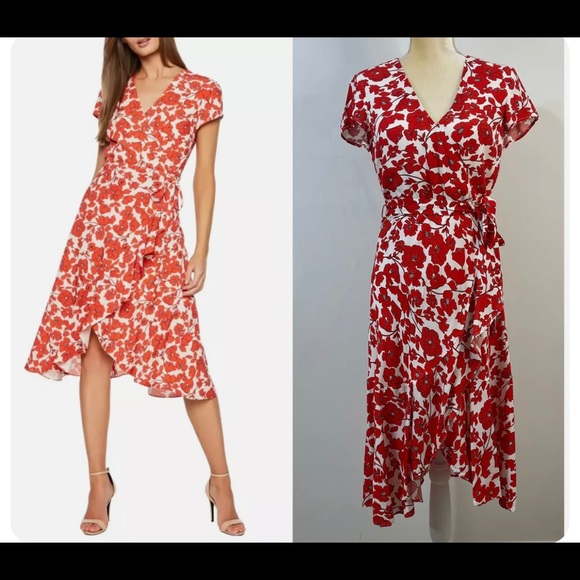 Bardot Dresses & Skirts - Bardot Fiesta Floral Faux Wrap Midi Dress Size 12 Red Asymmetrical Ruffles NEW